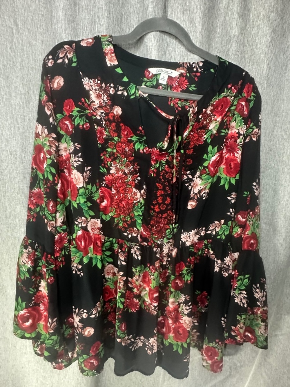 The Pioneer Woman Black Red Floral Tie Neck Bell Sleeve Blouse Top XL